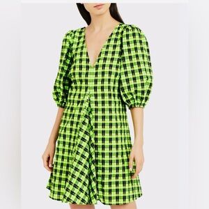 Ganni Plaid Mini gingham Seersucker Green Black Dress
